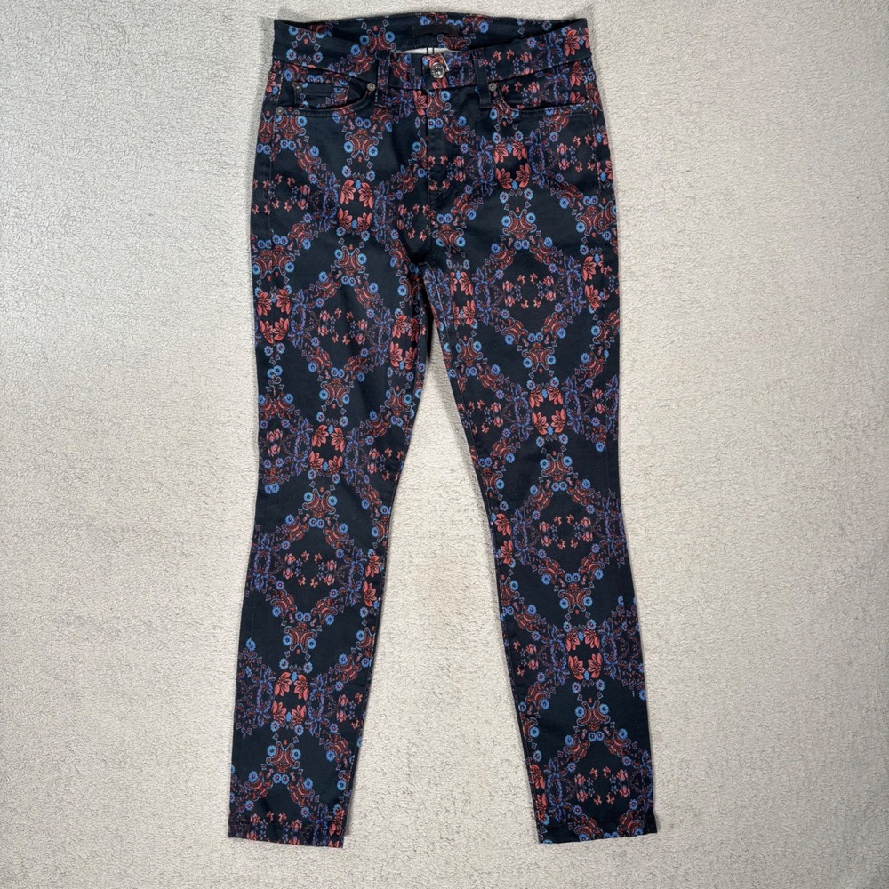 7 For All Mankind Paisley Print Skinny Jeans Women Size 27 Black Red‎ Blue Boho